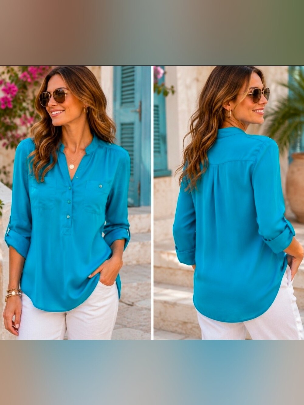 CACHE Silk Blend Turquoise Roll Tab Utility Blouse Sz Medium